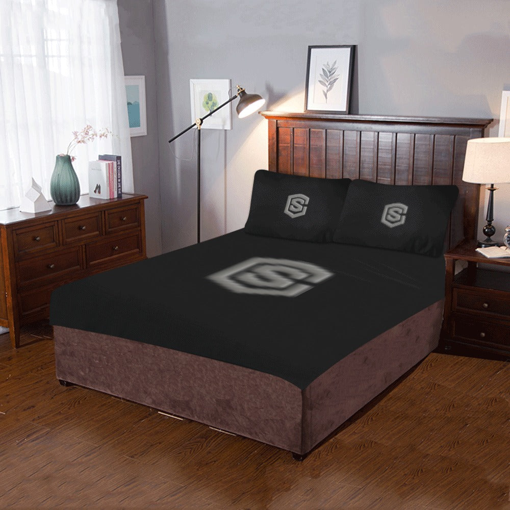 Black 3-Piece Bedding Set (1 Duvet Cover 86"x70"; 2 Pillowcases 20"x30")(One Side) wtih Gray Logo 3-Piece Bedding Set (1 Duvet Cover 86"x70"; 2 Pillowcases 20"x30")(One Side)