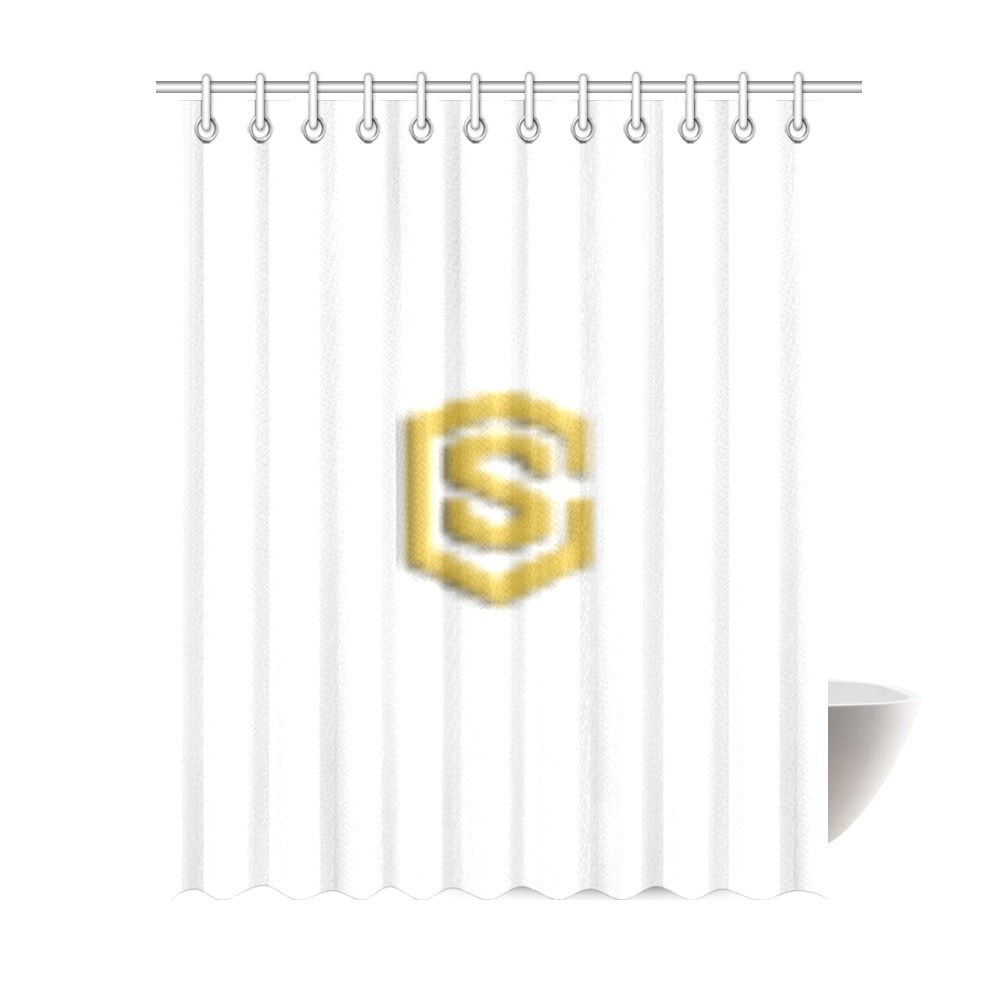 White Shower Curtain 69"x84" with Gold Logo Shower Curtain 69"x84"