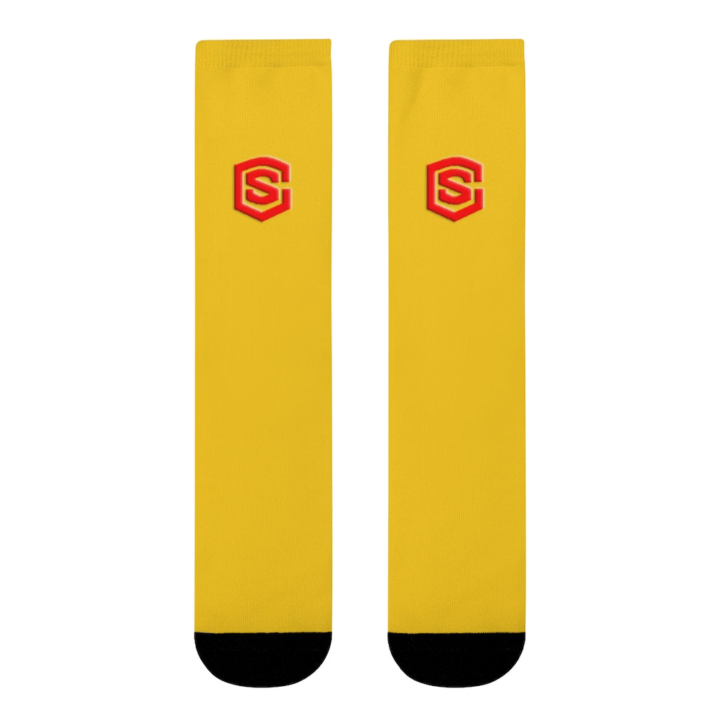 Yellow Sublimation Crew Socks (EU) Red Logo
