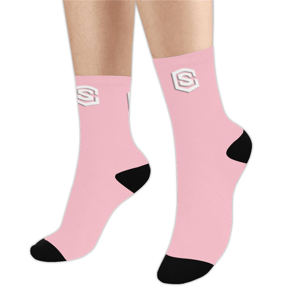 Pink Sublimated Crew Socks (Made In USA) with White Logo Sublimated Crew Socks (Made In USA)