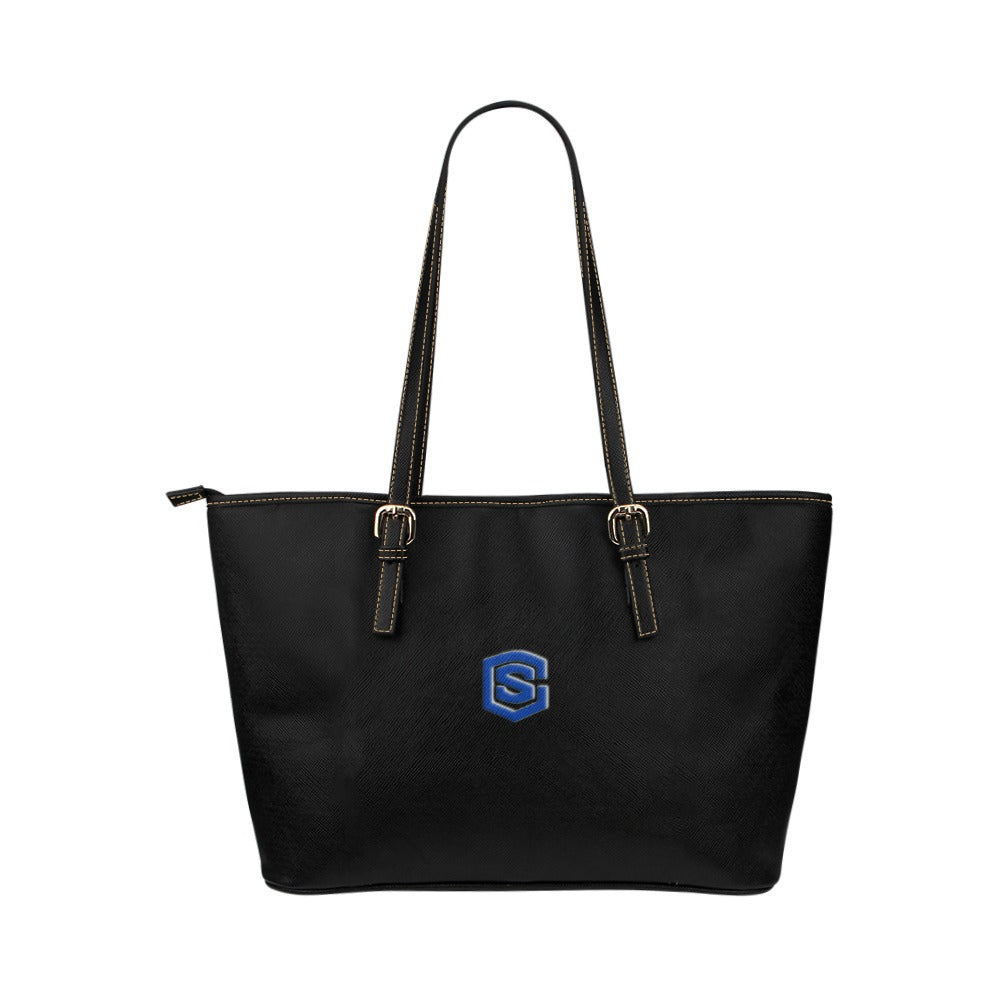 BLACK Leather Tote Bag WITH BLUE LOGO Leather Tote Bag (Model 1651) (Big)