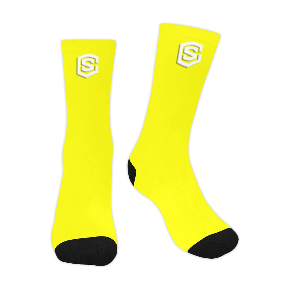 Yellow Sublimated Crew Socks (Made In USA) with White Logo Sublimated Crew Socks (Made In USA)