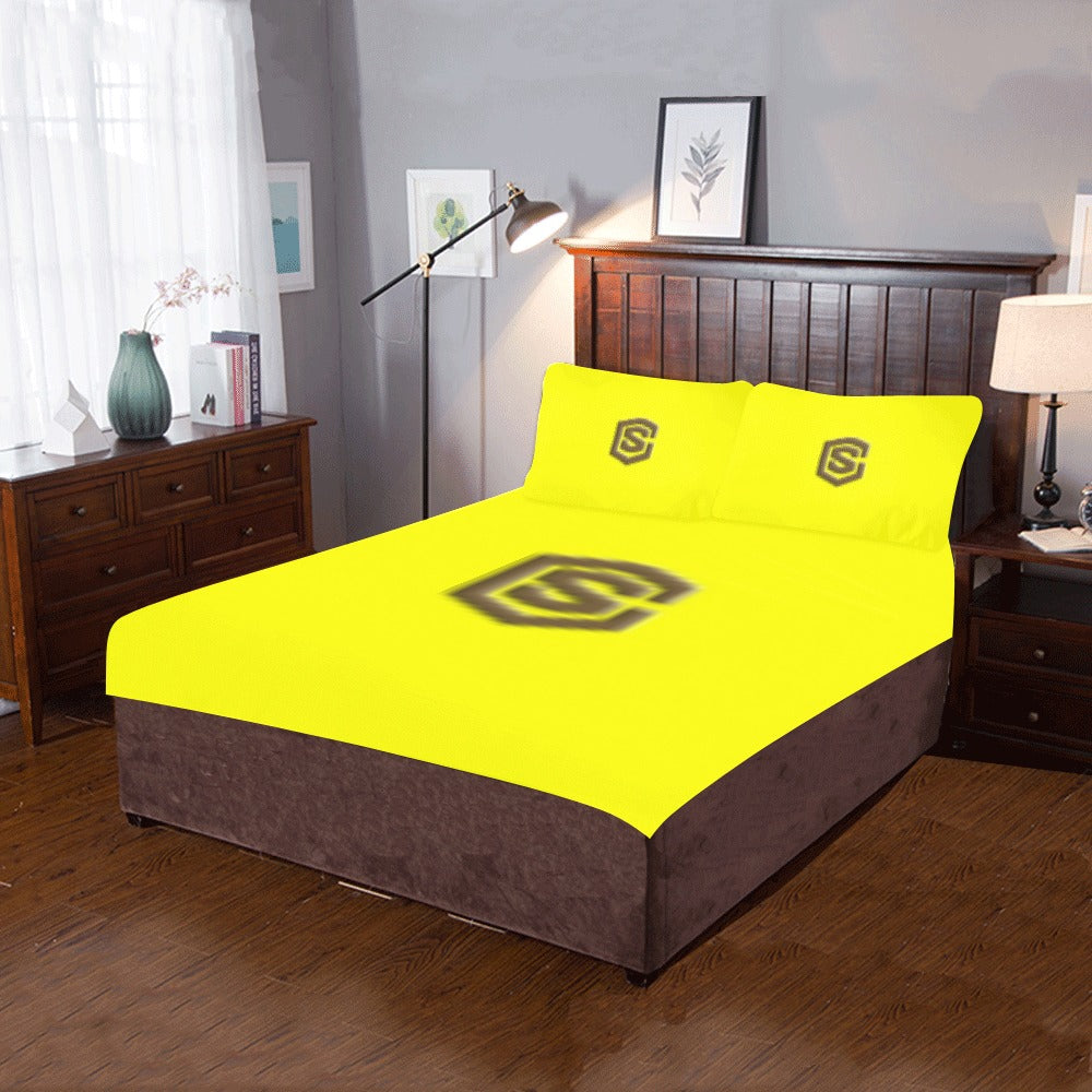Yellow 3-Piece Bedding Set (1 Duvet Cover 86"x70"; 2 Pillowcases 20"x30")(One Side) wtih Brown Logo 3-Piece Bedding Set (1 Duvet Cover 86"x70"; 2 Pillowcases 20"x30")(One Side)