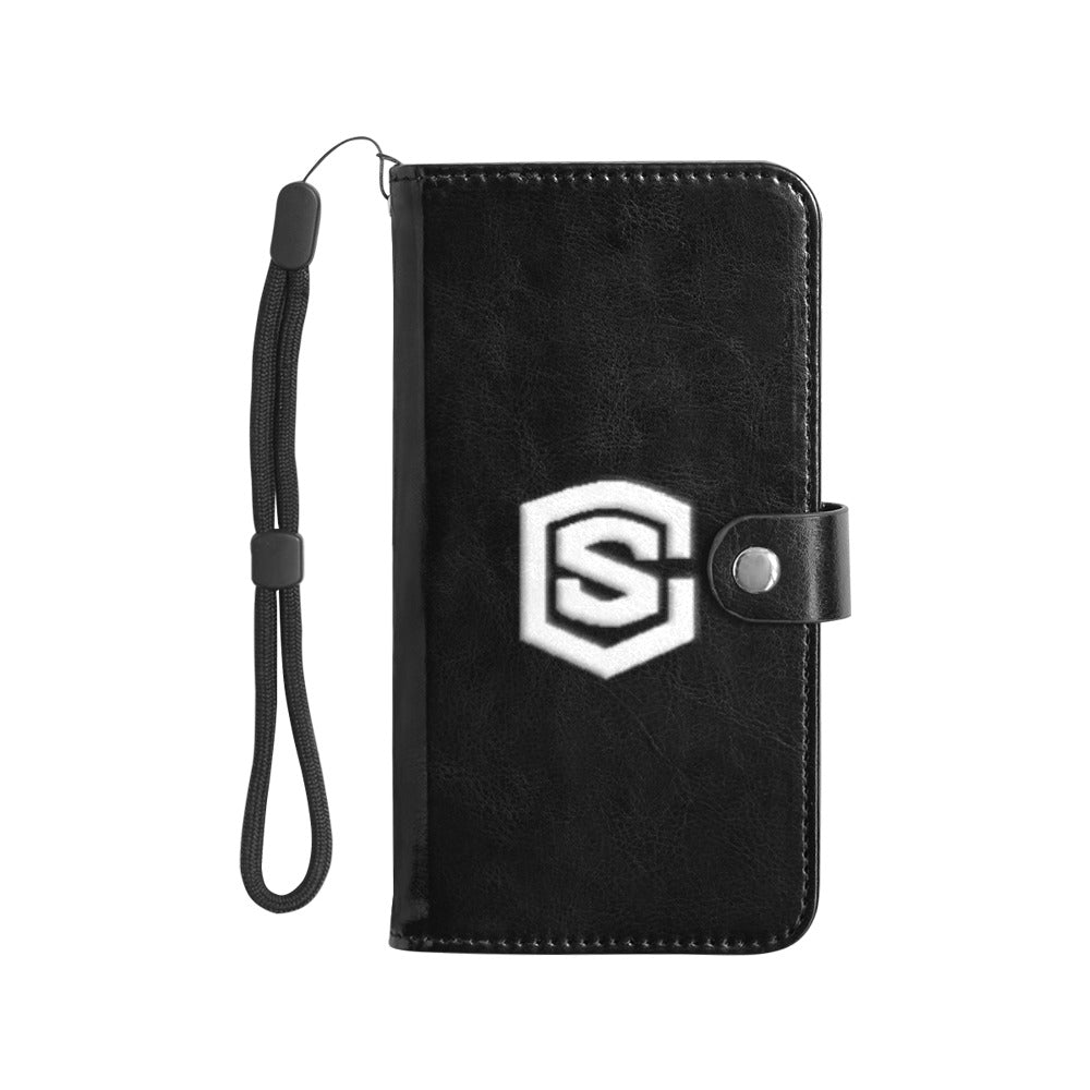 Black Flip Leather Purse for Mobile Phone(Model1703)(Large) with White Logo Flip Leather Purse for Mobile Phone(Model1703)(Large)