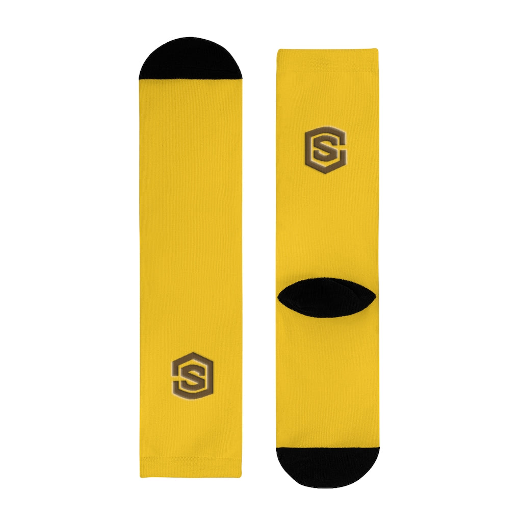 Yellow Sublimation Crew Socks (EU) Brown Logo