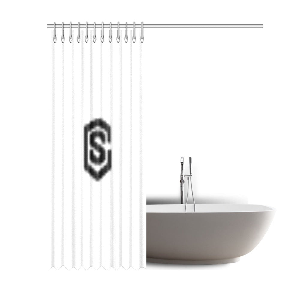 White Shower Curtain 69"x84" with Black Logo Shower Curtain 69"x84"