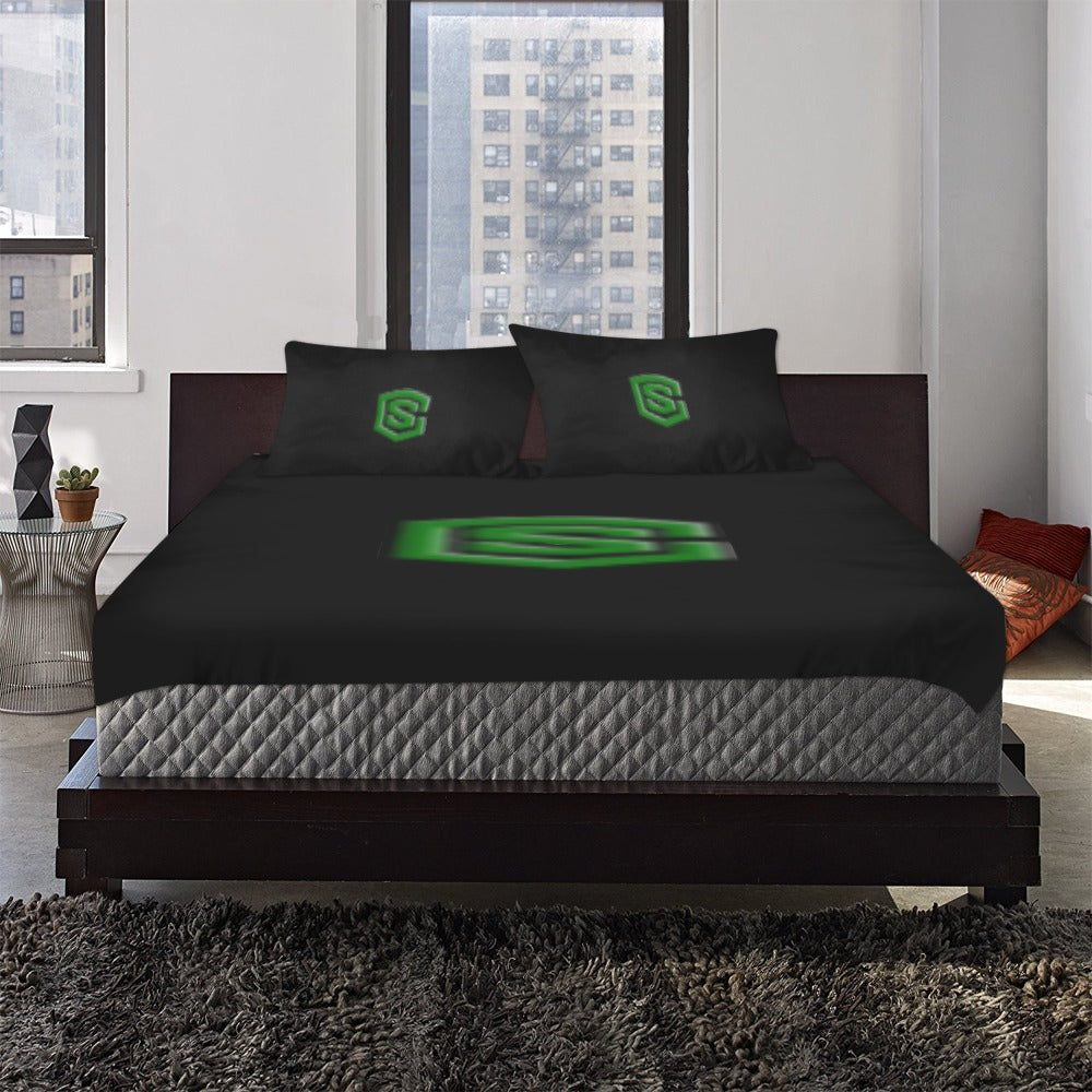 Black 3-Piece Bedding Set (1 Duvet Cover 86"x70"; 2 Pillowcases 20"x30")(One Side) wtih Green Logo 3-Piece Bedding Set (1 Duvet Cover 86"x70"; 2 Pillowcases 20"x30")(One Side)