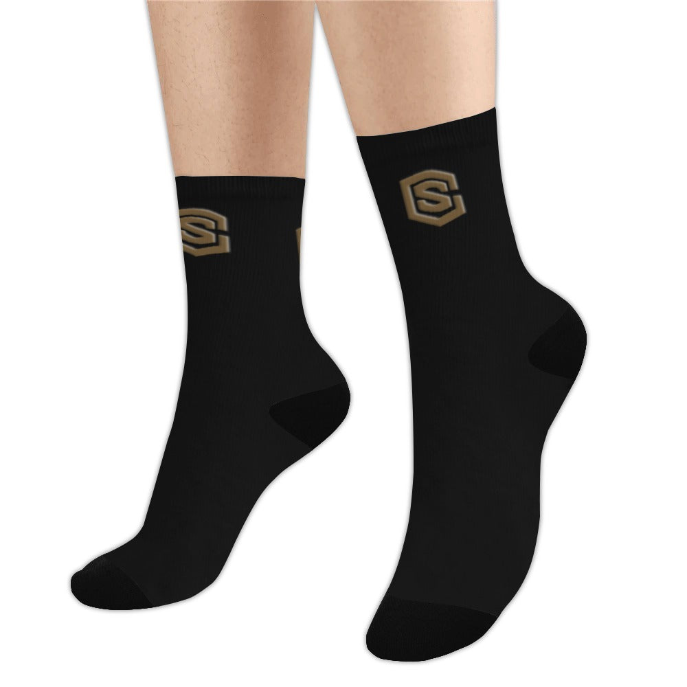 Black Sublimated Crew Socks (Made In USA) with Brown Logo Sublimated Crew Socks (Made In USA)