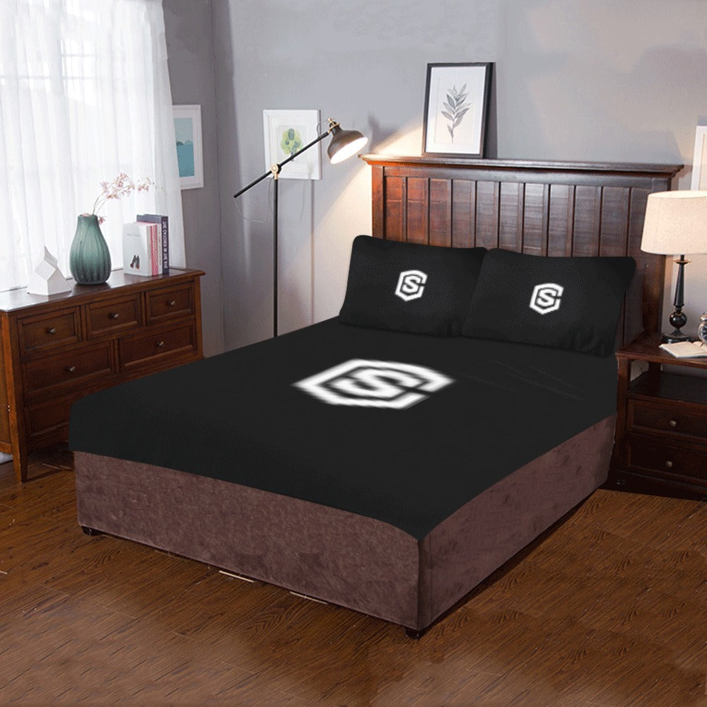 Black 3-Piece Bedding Set (1 Duvet Cover 86"x70"; 2 Pillowcases 20"x30")(One Side) wtih White Logo 3-Piece Bedding Set (1 Duvet Cover 86"x70"; 2 Pillowcases 20"x30")(One Side)