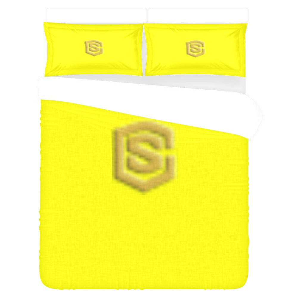 Yellow 3-Piece Bedding Set (1 Duvet Cover 86"x70"; 2 Pillowcases 20"x30")(One Side) wtih Gold Logo 3-Piece Bedding Set (1 Duvet Cover 86"x70"; 2 Pillowcases 20"x30")(One Side)