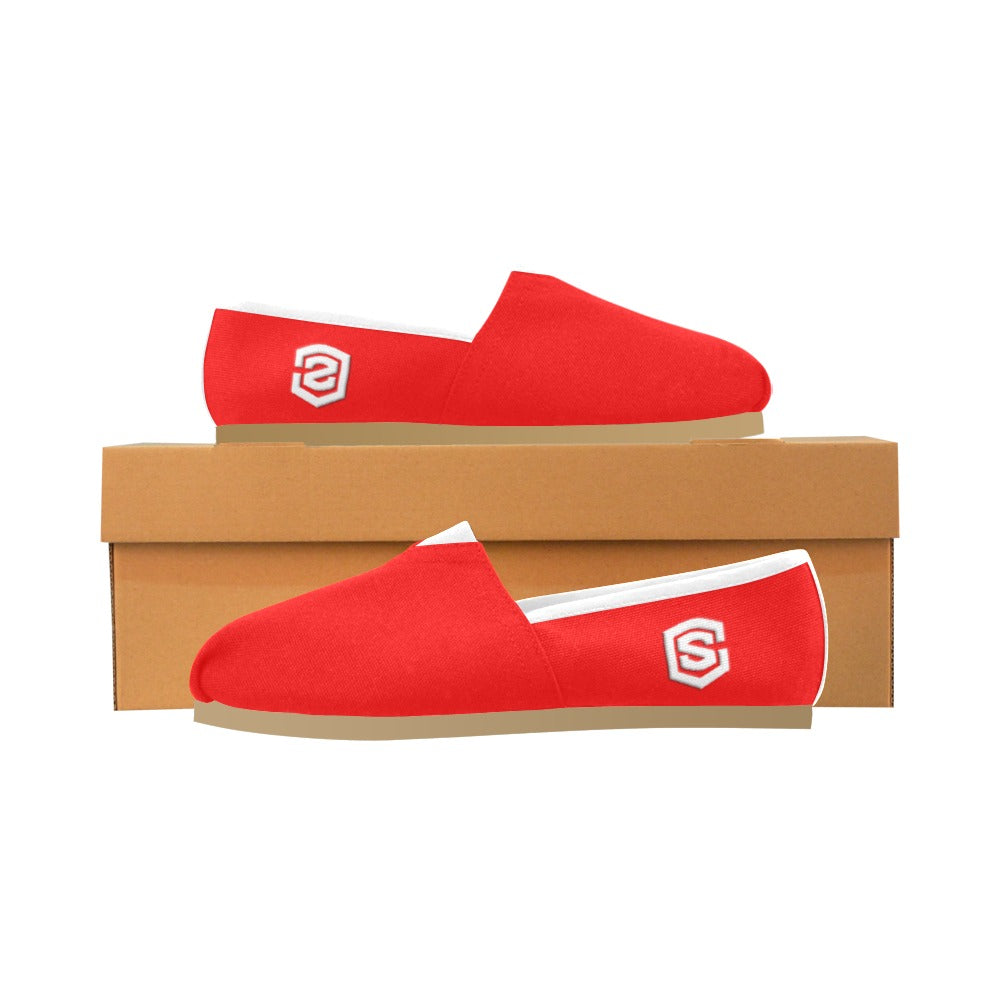 RED casual shoes for women WITH WHITE LOGO Casual Canvas Women's Shoes (Model 004) (Designs are mirrored)