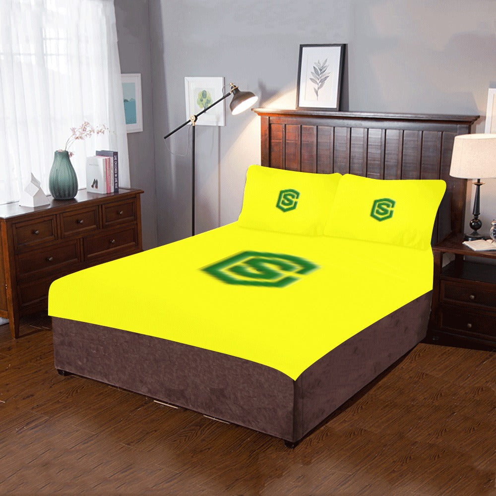 Yellow 3-Piece Bedding Set (1 Duvet Cover 86"x70"; 2 Pillowcases 20"x30")(One Side) wtih Green Logo 3-Piece Bedding Set (1 Duvet Cover 86"x70"; 2 Pillowcases 20"x30")(One Side)