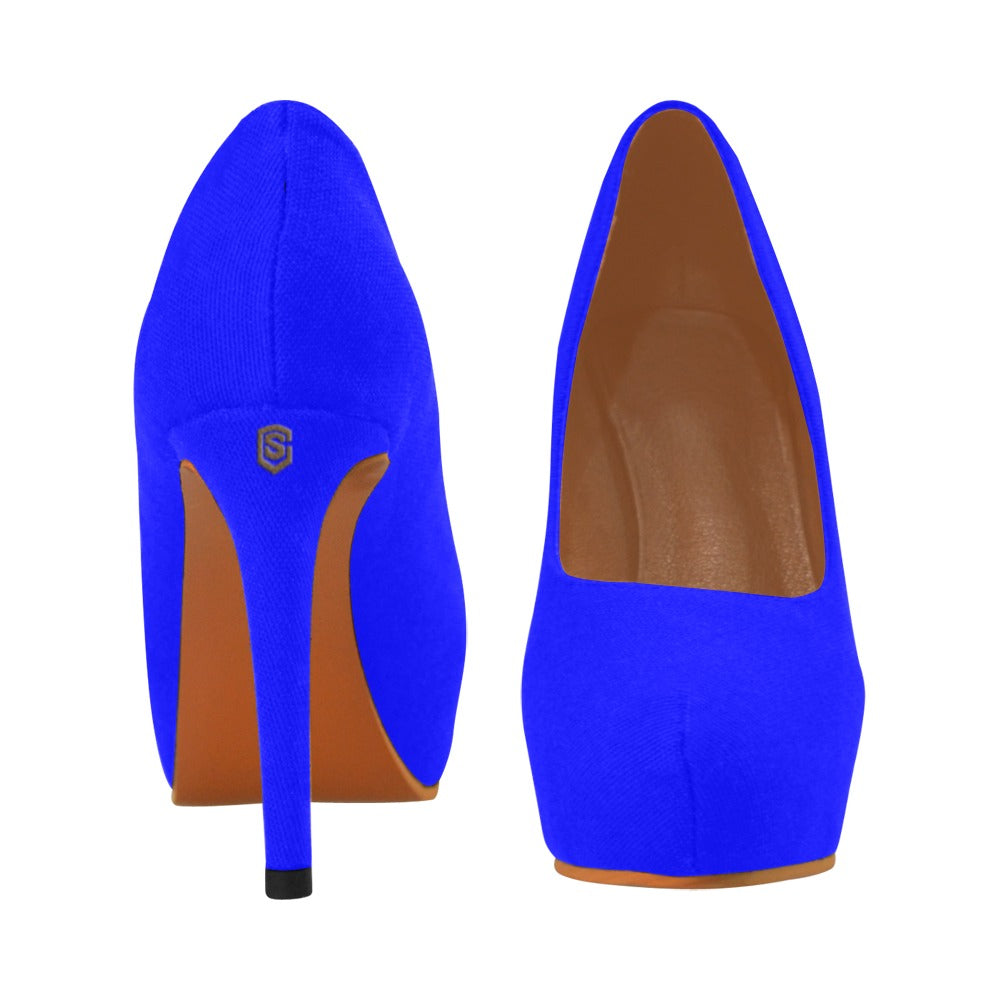 Blue Women's Pumps With Brown Logo Women's High Heels (Model 044)