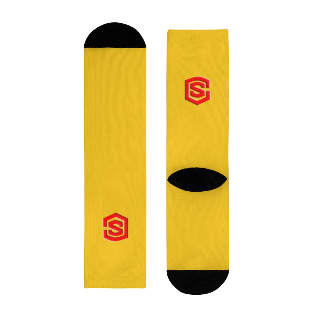 Yellow Sublimation Crew Socks (EU) Red Logo