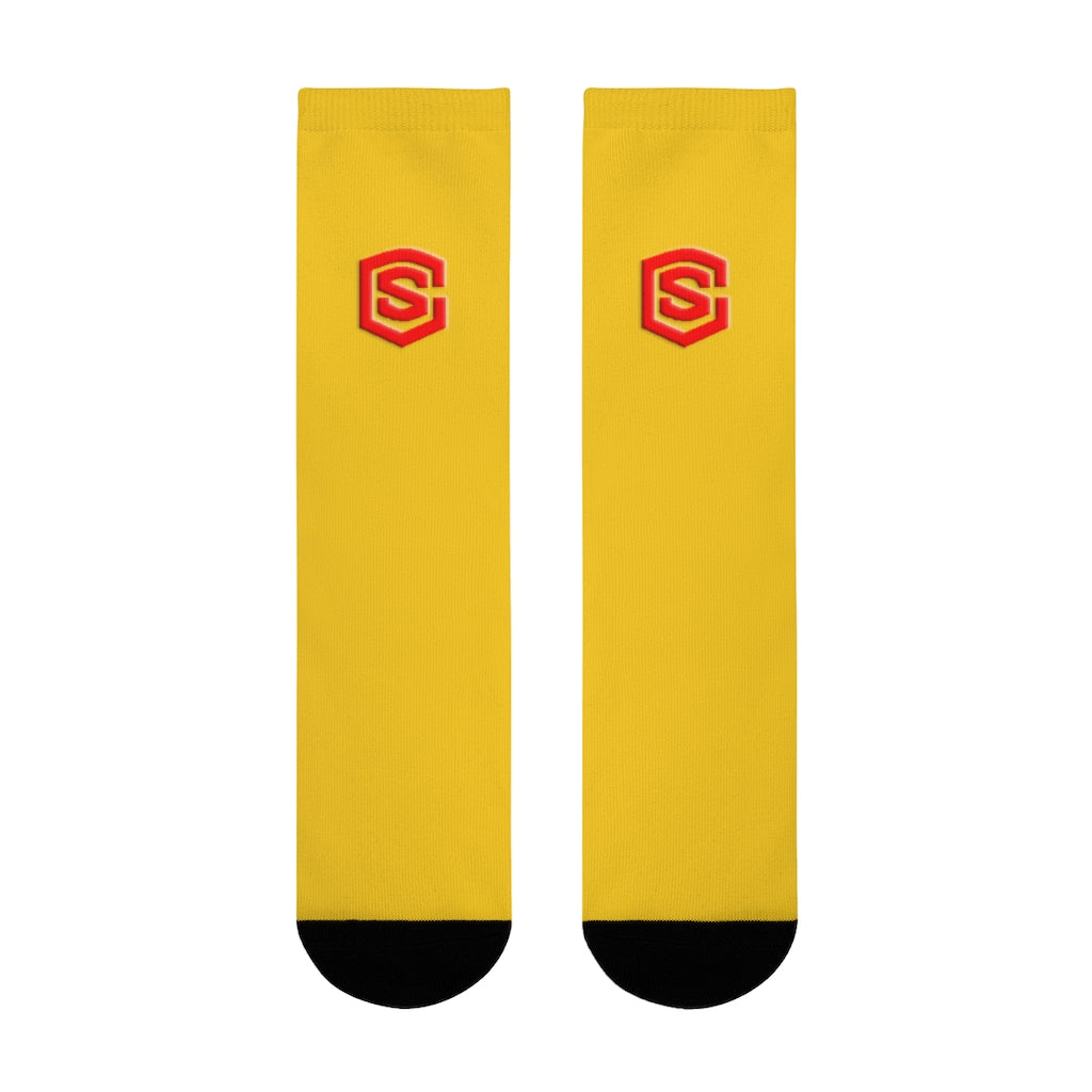 Yellow Sublimation Crew Socks (EU) Red Logo