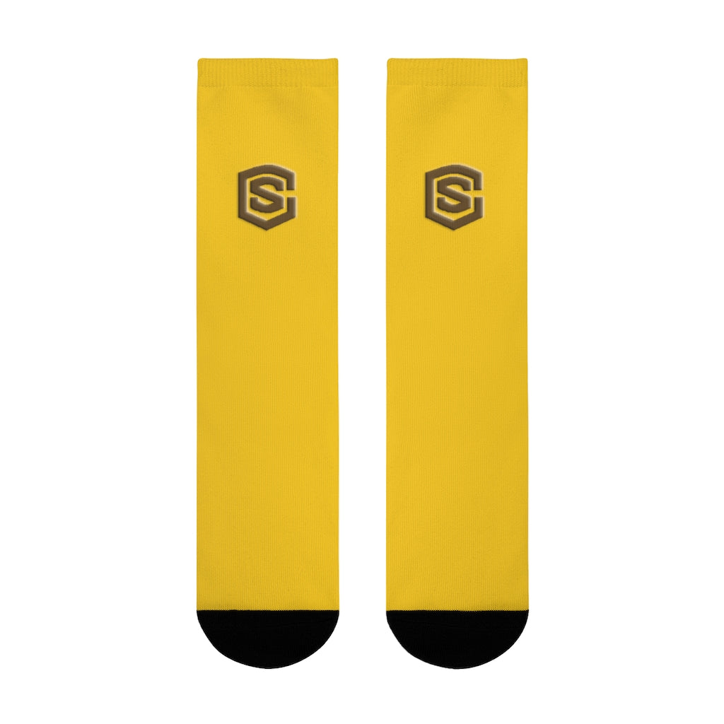 Yellow Sublimation Crew Socks (EU) Brown Logo