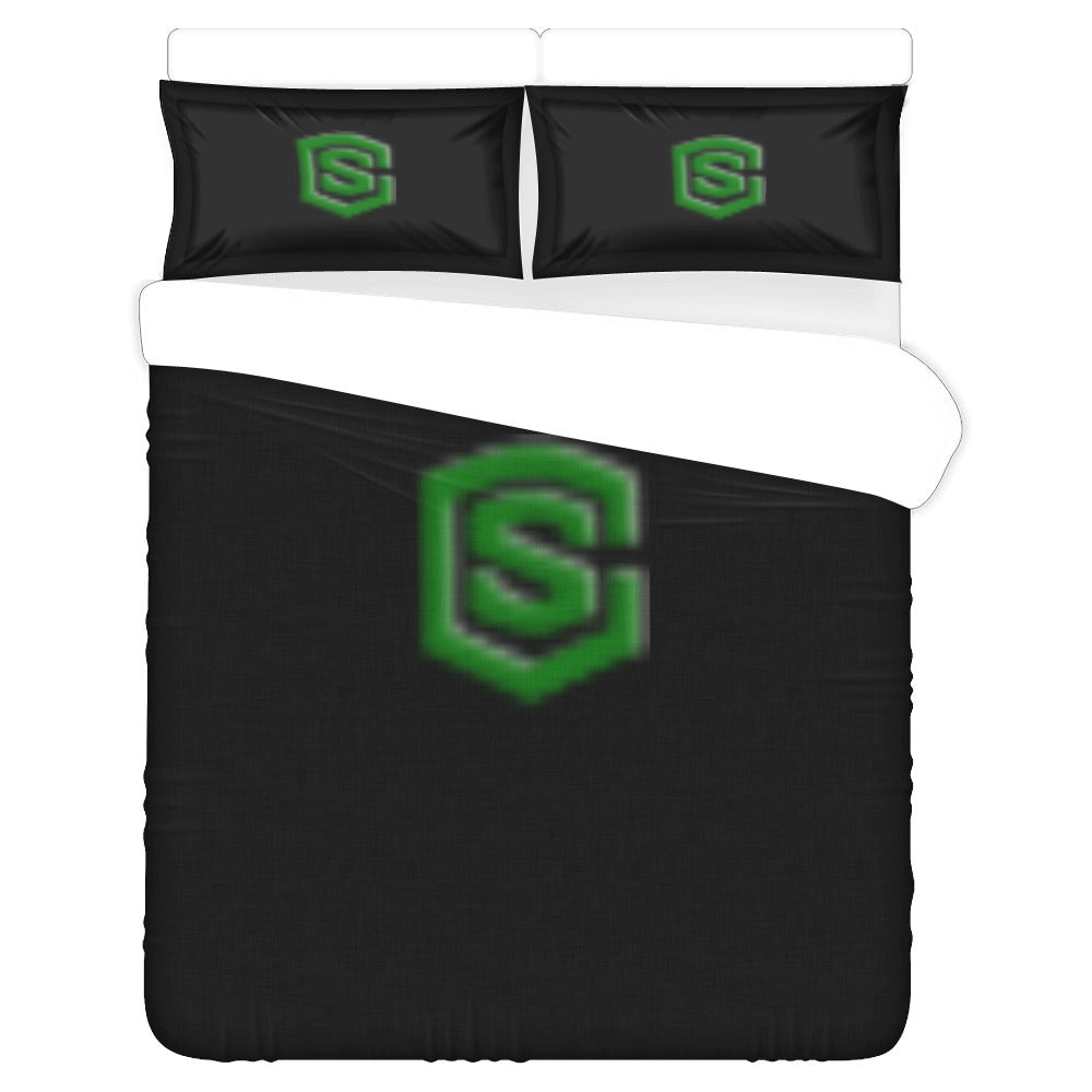 Black Duvet Cover Green Logo 3-Piece Bedding Set (1 Duvet Cover 86"x70"; 2 Pillowcases 20"x30")(One Side)