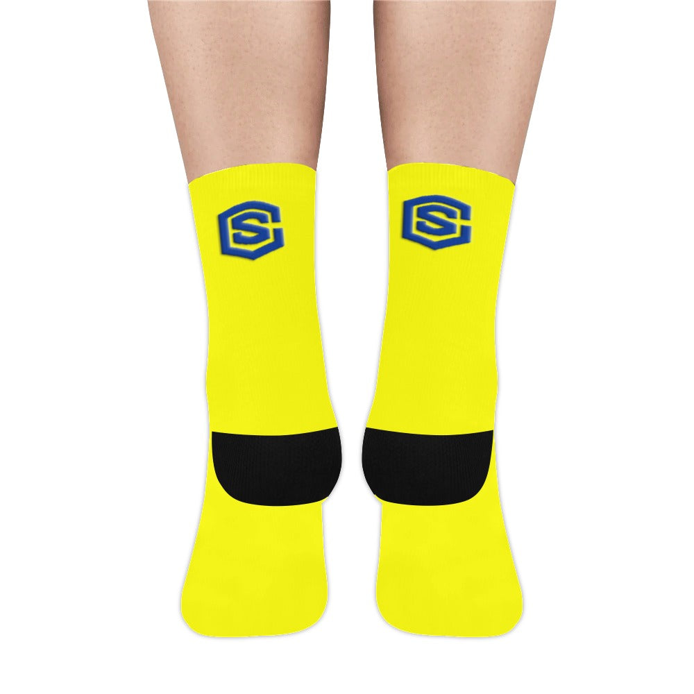 Yellow Sublimated Crew Socks (Made In USA) with Blue Logo Sublimated Crew Socks (Made In USA)