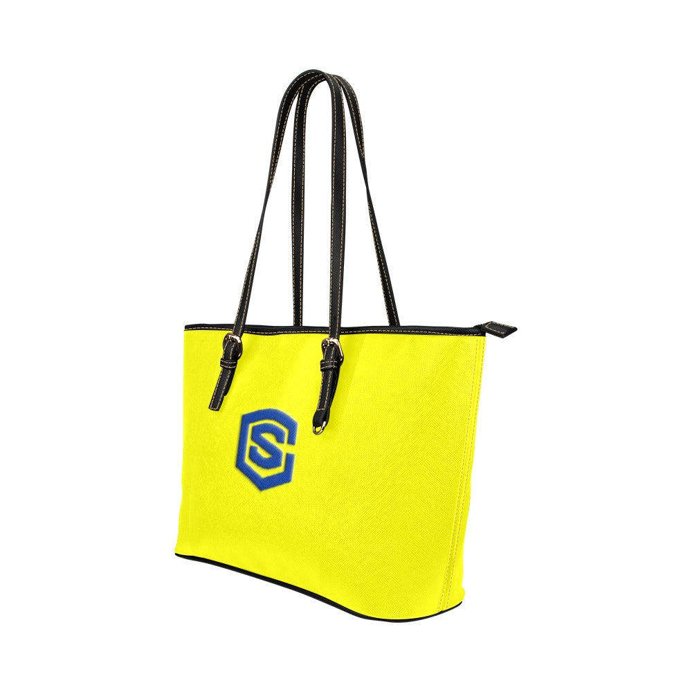 YELLOW Leather Tote Bag WITH BLUE LOGO Leather Tote Bag (Model 1651) (Big)