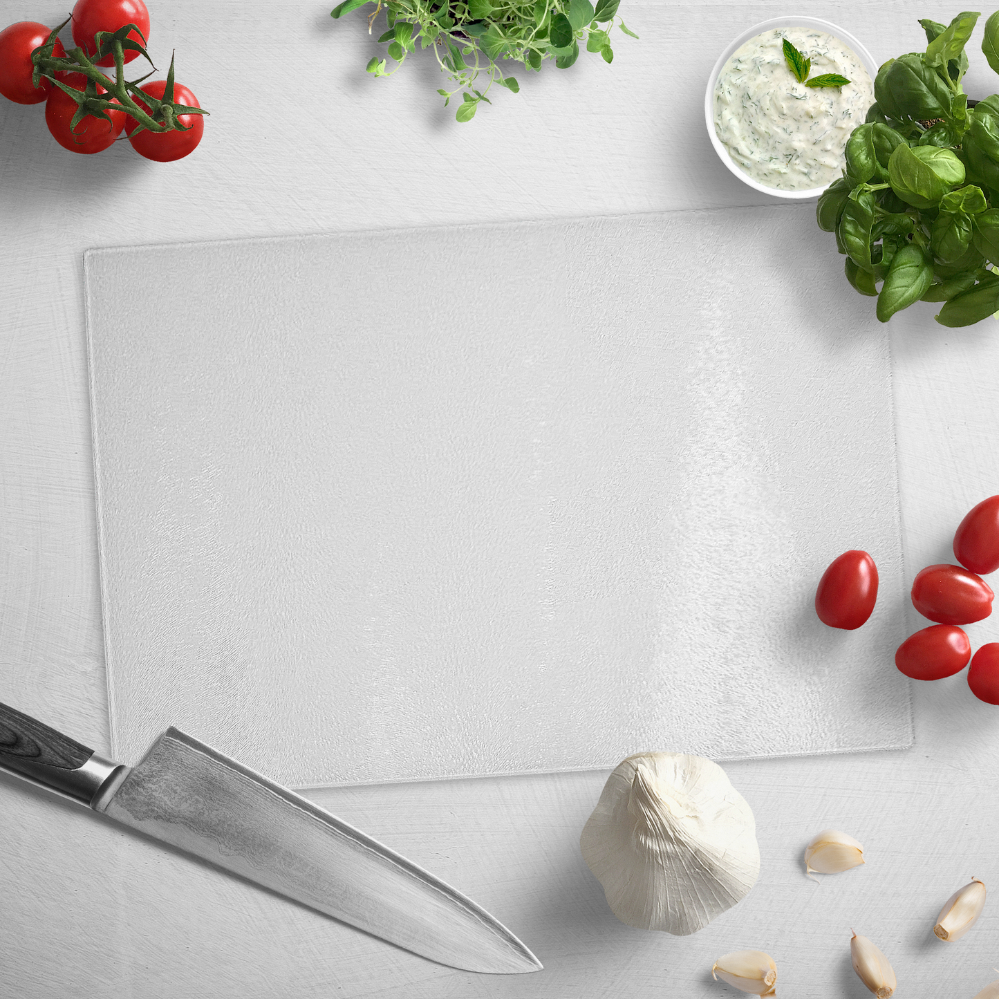 Glass cutting board WITH WHITE LOGO