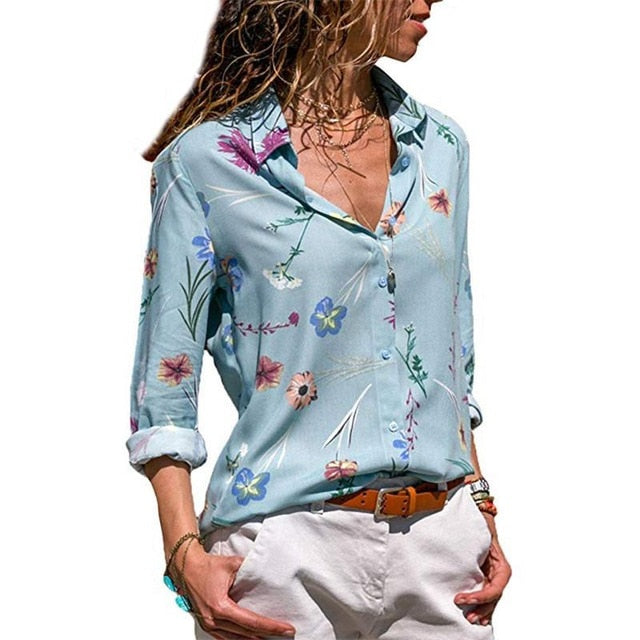Women Turn-down Collar Chiffon Blouse