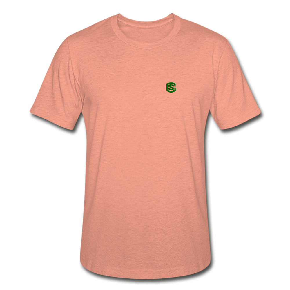Unisex Heather Prism T-Shirt WITH GREEN LOGO - heather prism sunset
