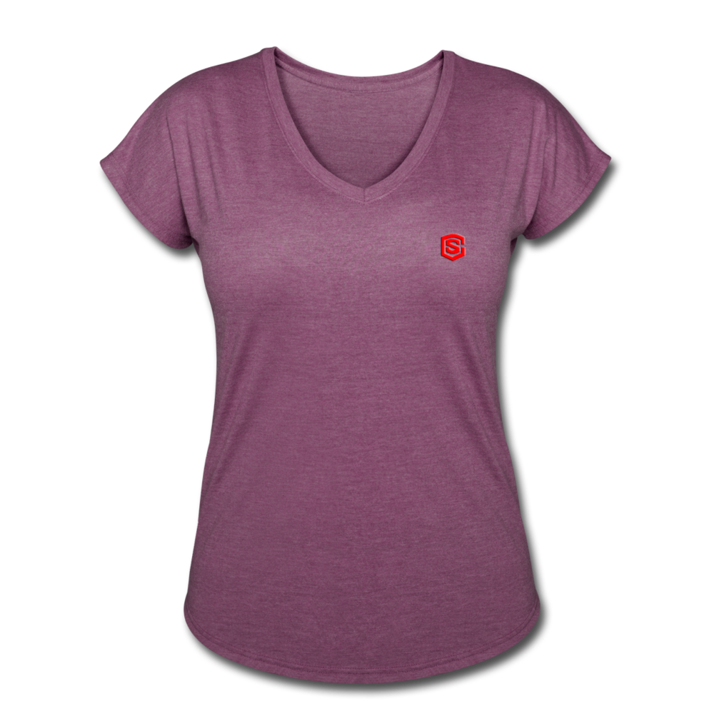 Women's Tri-Blend V-Neck T-Shirt  WITH  RED  LOGO - heather plum