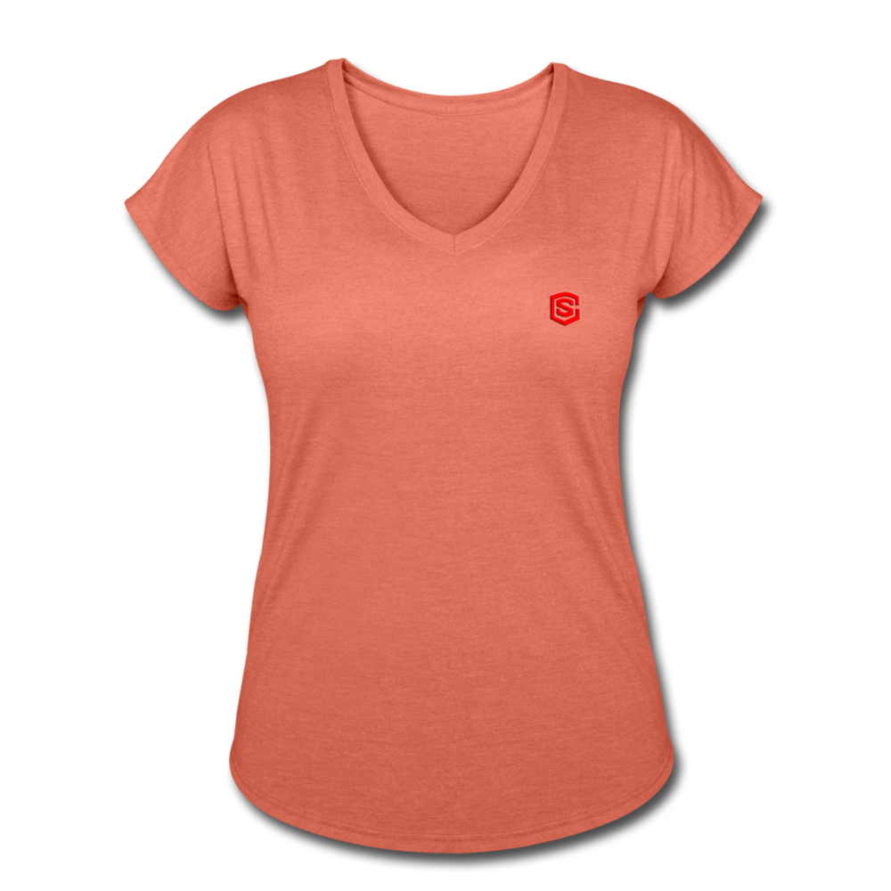 Women's Tri-Blend V-Neck T-Shirt  WITH  RED  LOGO - heather bronze