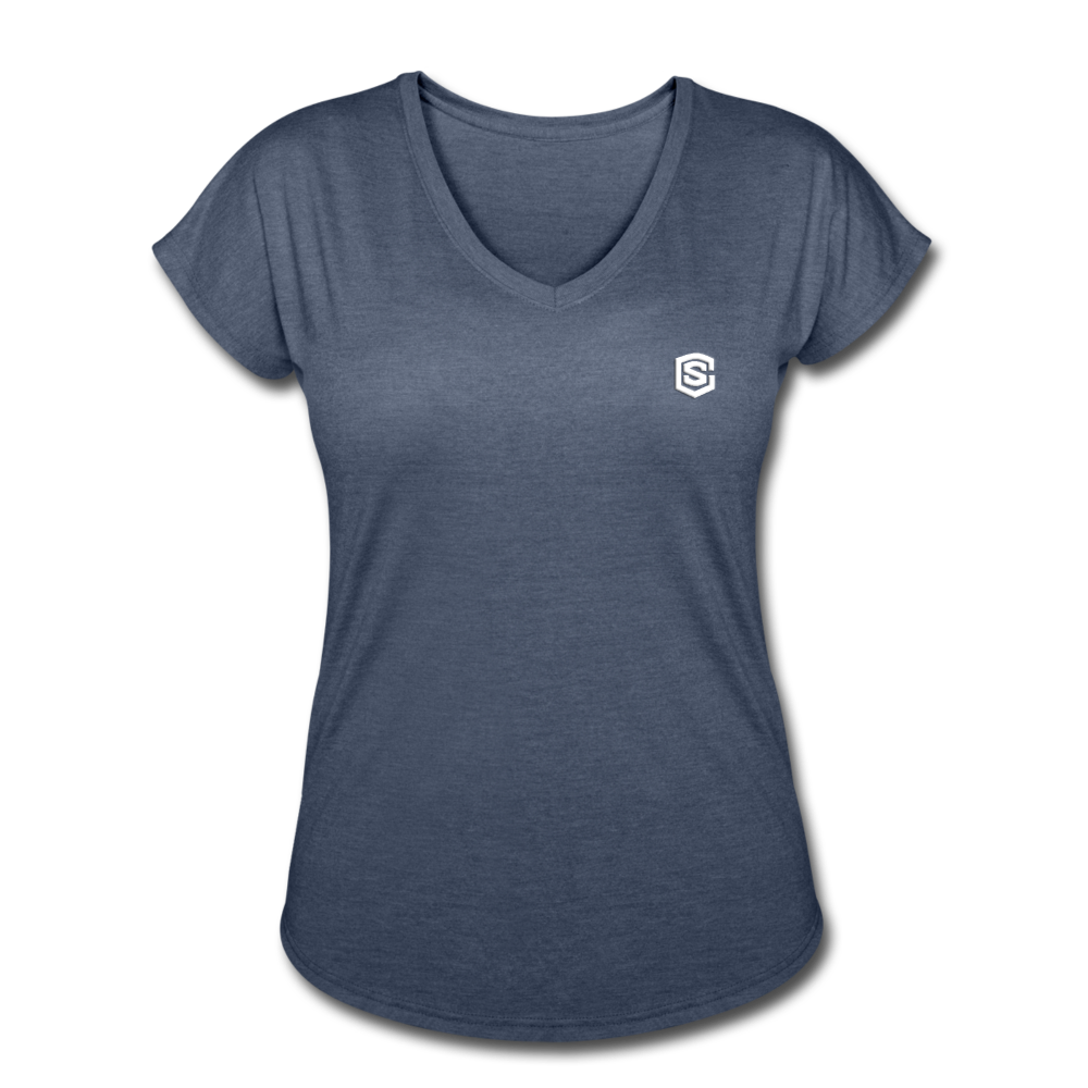 Women's Tri-Blend V-Neck T-Shirt  WITH WHITE  LOGO - navy heather