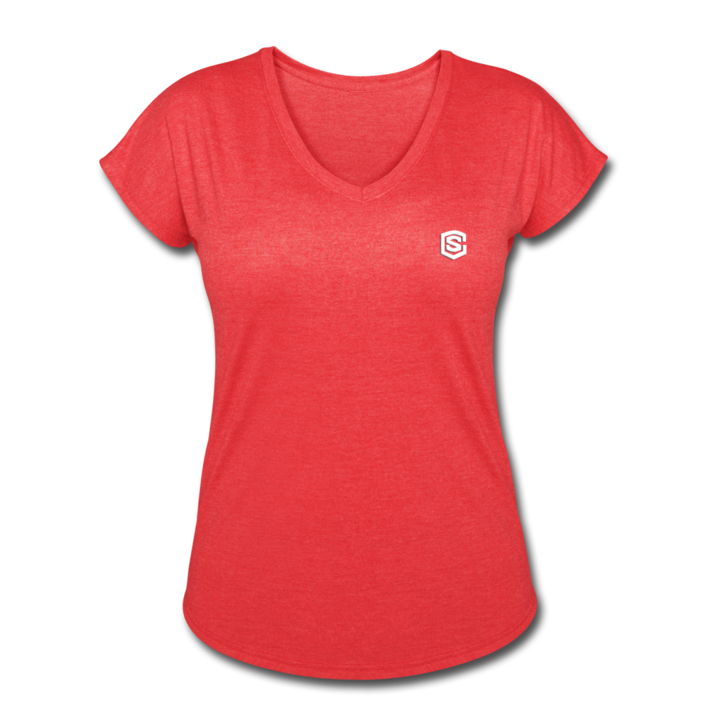 Women's Tri-Blend V-Neck T-Shirt  WITH WHITE  LOGO - heather red