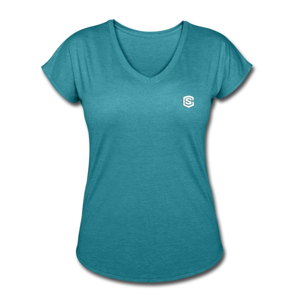Women's Tri-Blend V-Neck T-Shirt  WITH WHITE  LOGO - heather turquoise