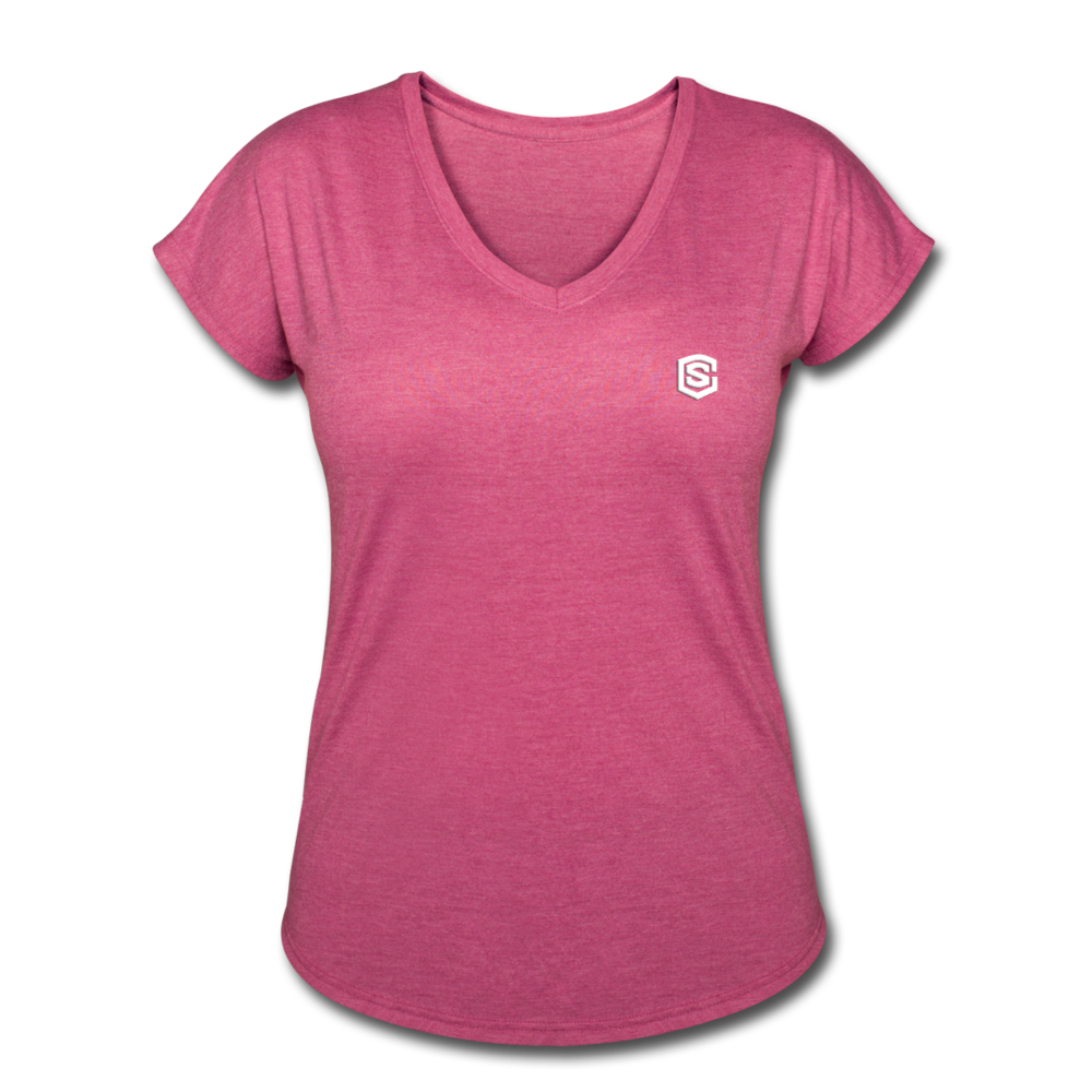Women's Tri-Blend V-Neck T-Shirt  WITH WHITE  LOGO - heather raspberry