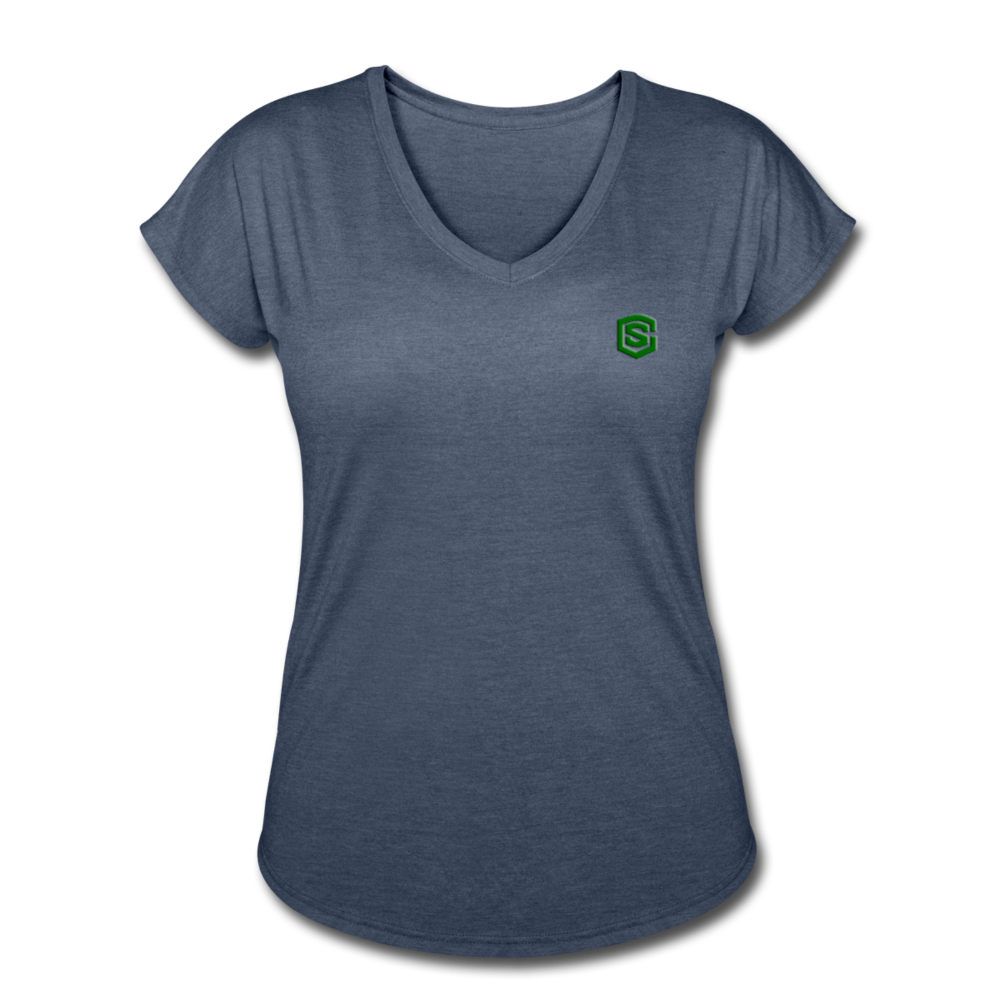 Women's Tri-Blend V-Neck T-Shirt WITH GREEN LOGO - navy heather