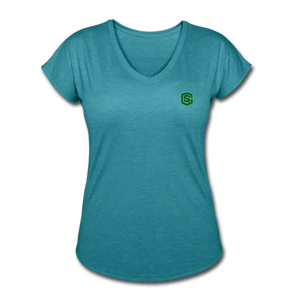 Women's Tri-Blend V-Neck T-Shirt WITH GREEN LOGO - heather turquoise