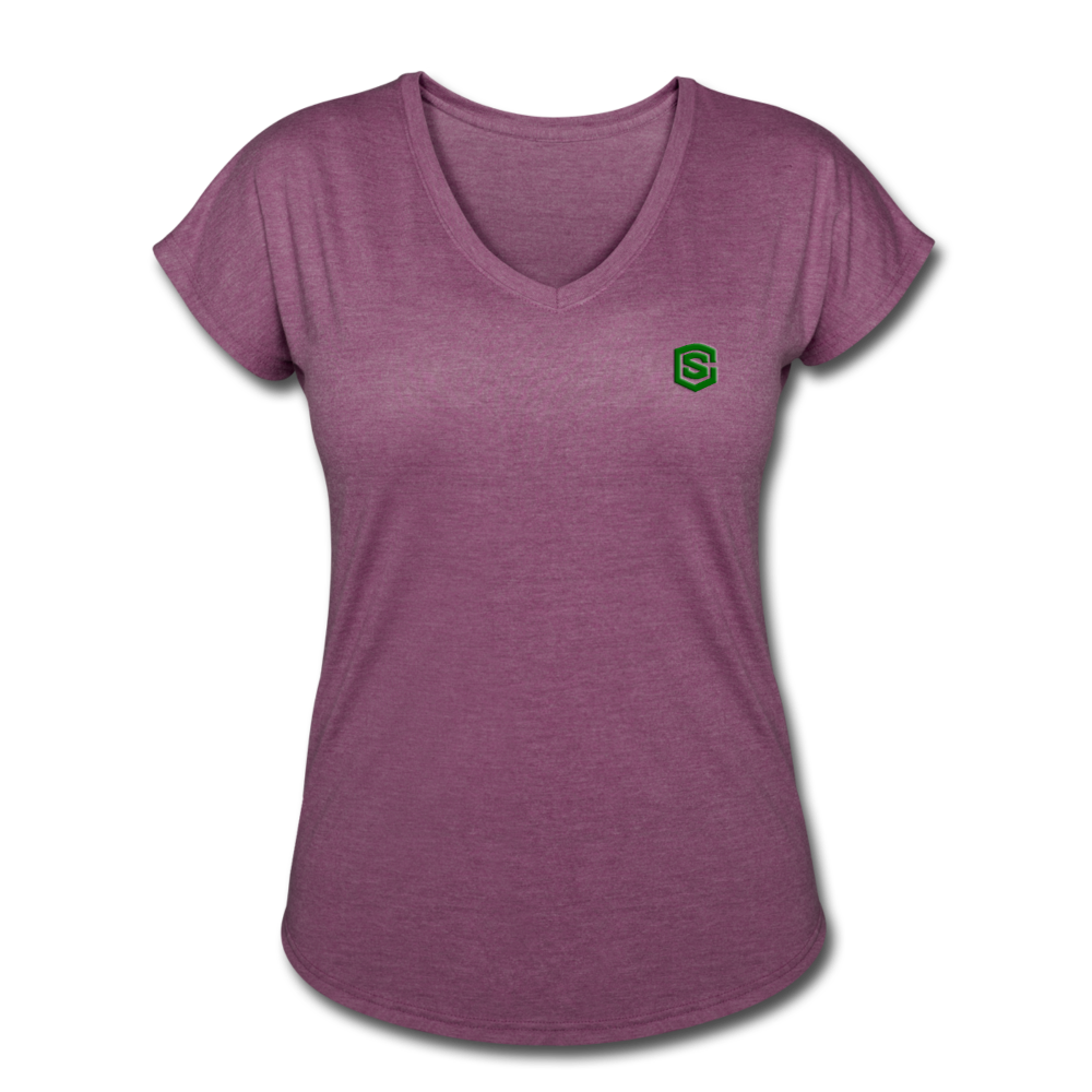 Women's Tri-Blend V-Neck T-Shirt WITH GREEN LOGO - heather plum