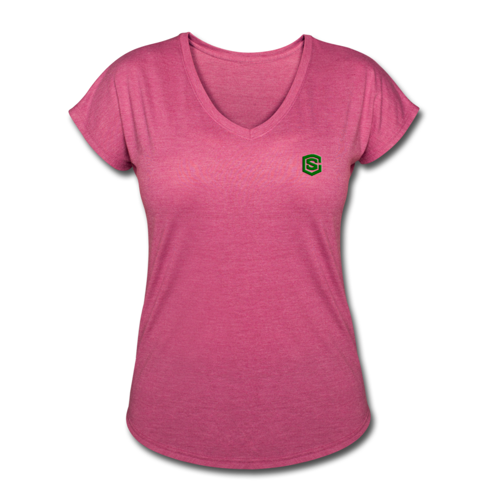 Women's Tri-Blend V-Neck T-Shirt WITH GREEN LOGO - heather raspberry