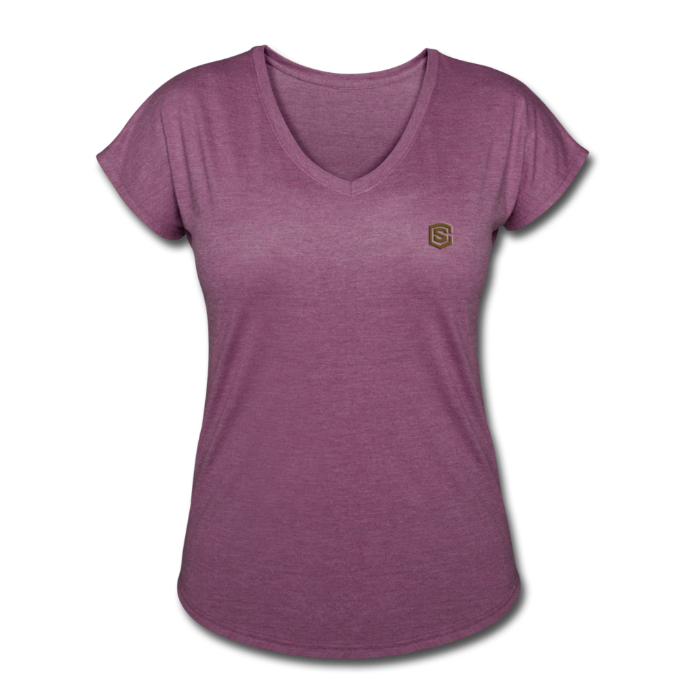 Women's Tri-Blend V-Neck T-Shirt  WITH BROWN  LOGO - heather plum