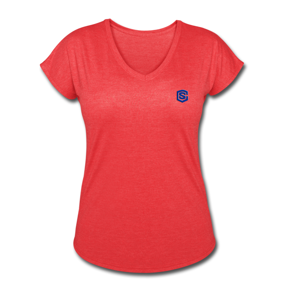 Women's Tri-Blend V-Neck T-Shirt  WITH BLUE  LOGO - heather red