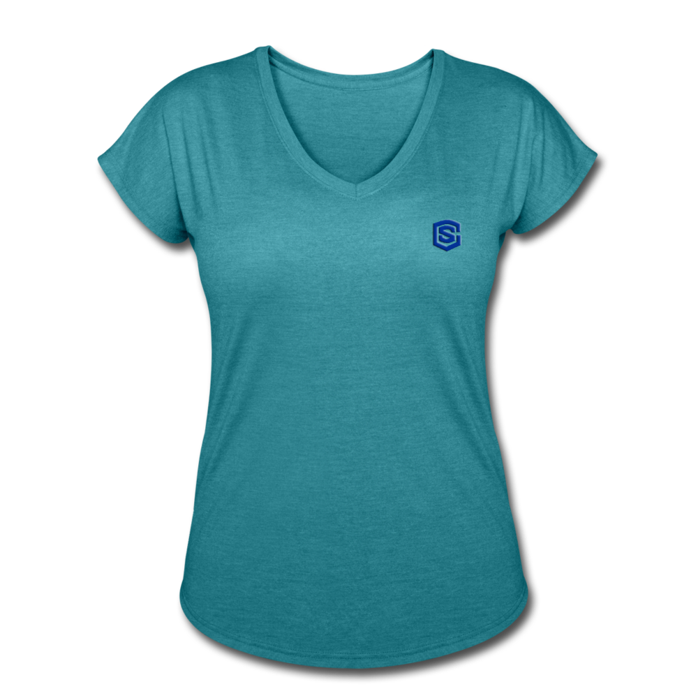 Women's Tri-Blend V-Neck T-Shirt  WITH BLUE  LOGO - heather turquoise