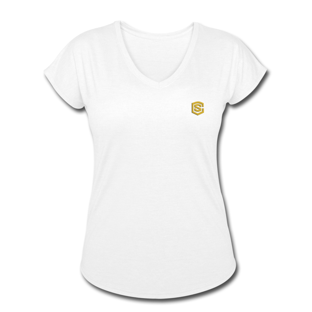 Women's Tri-Blend V-Neck T-Shirt  WITH GOLD  LOGO - white
