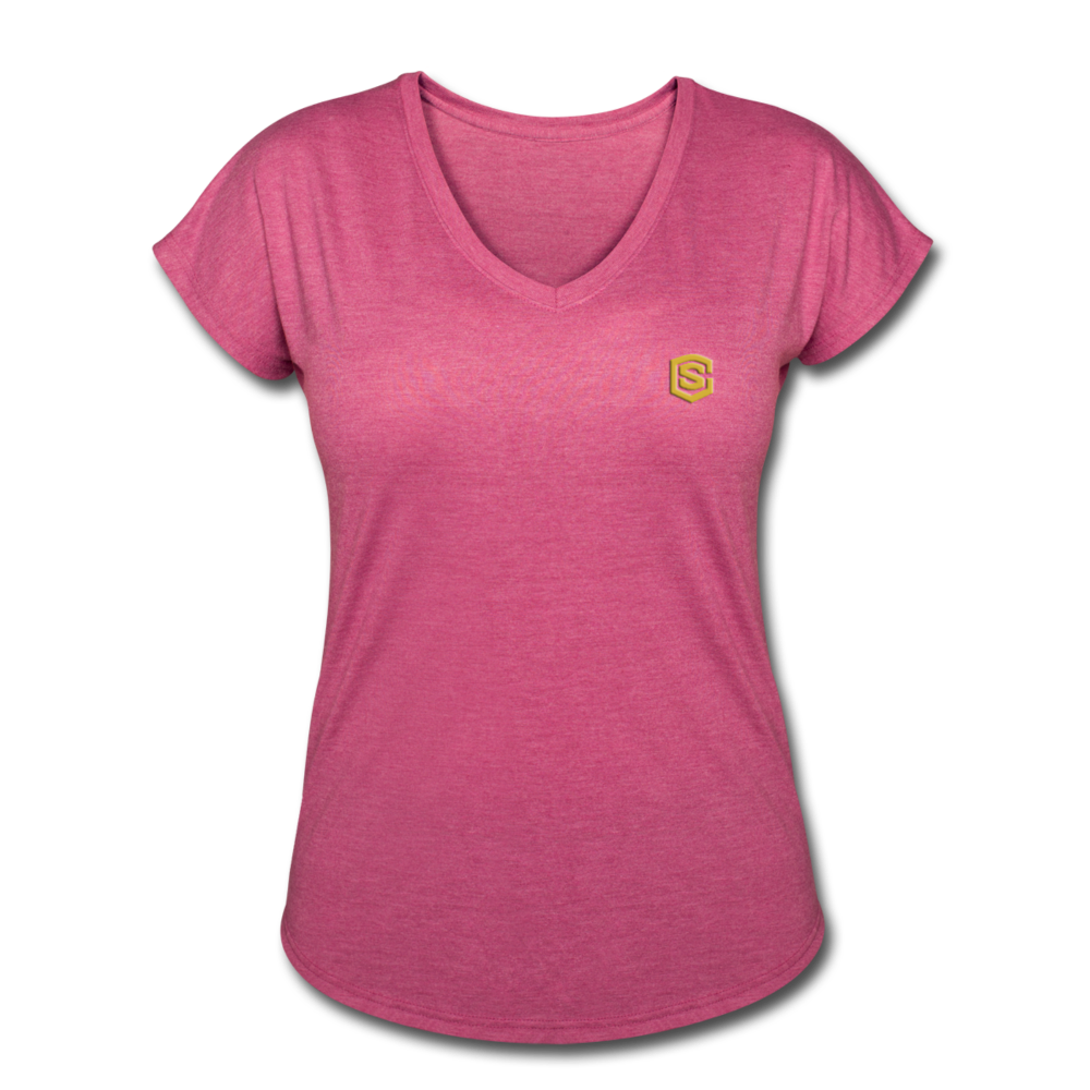Women's Tri-Blend V-Neck T-Shirt  WITH GOLD  LOGO - heather raspberry