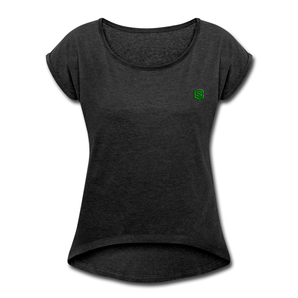 Women's Roll Cuff T-Shirt  WITH GREEN  LOGO - heather black