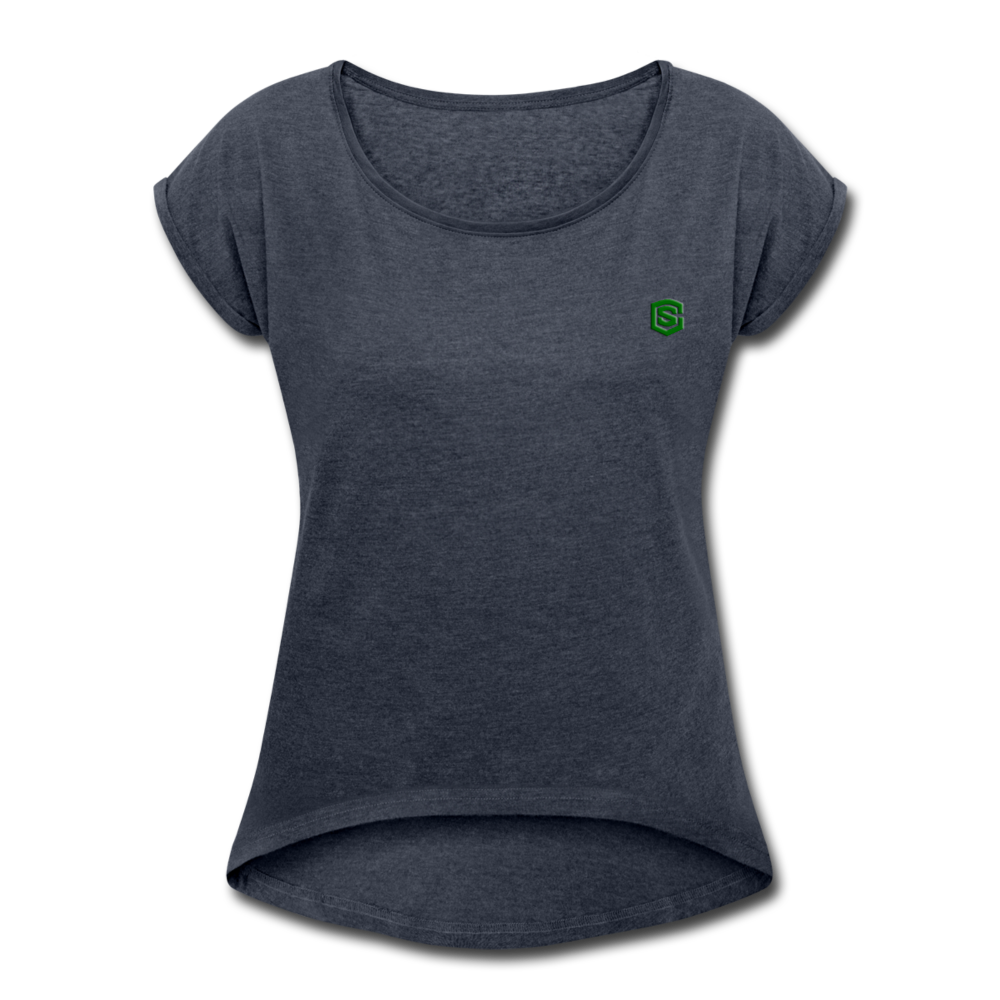 Women's Roll Cuff T-Shirt  WITH GREEN  LOGO - navy heather