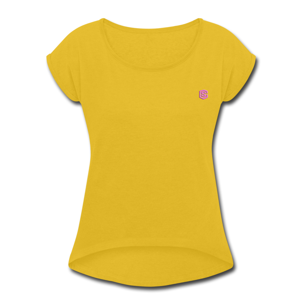 Women's Roll Cuff T-Shirt    WITH PINK LOGO - mustard yellow