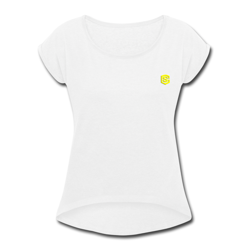 Women's Roll Cuff T-Shirt  WITH YELLOW  LOGO - white