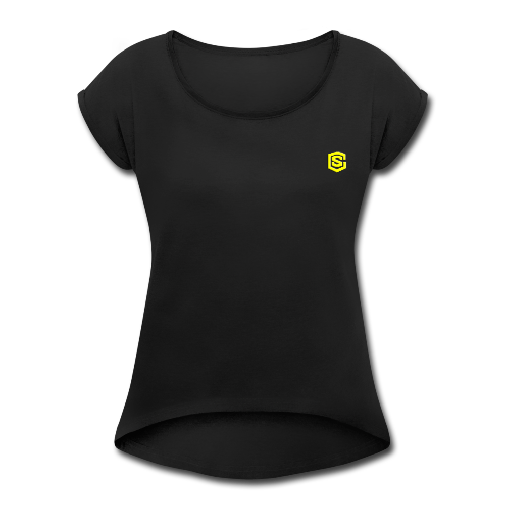Women's Roll Cuff T-Shirt  WITH YELLOW  LOGO - black