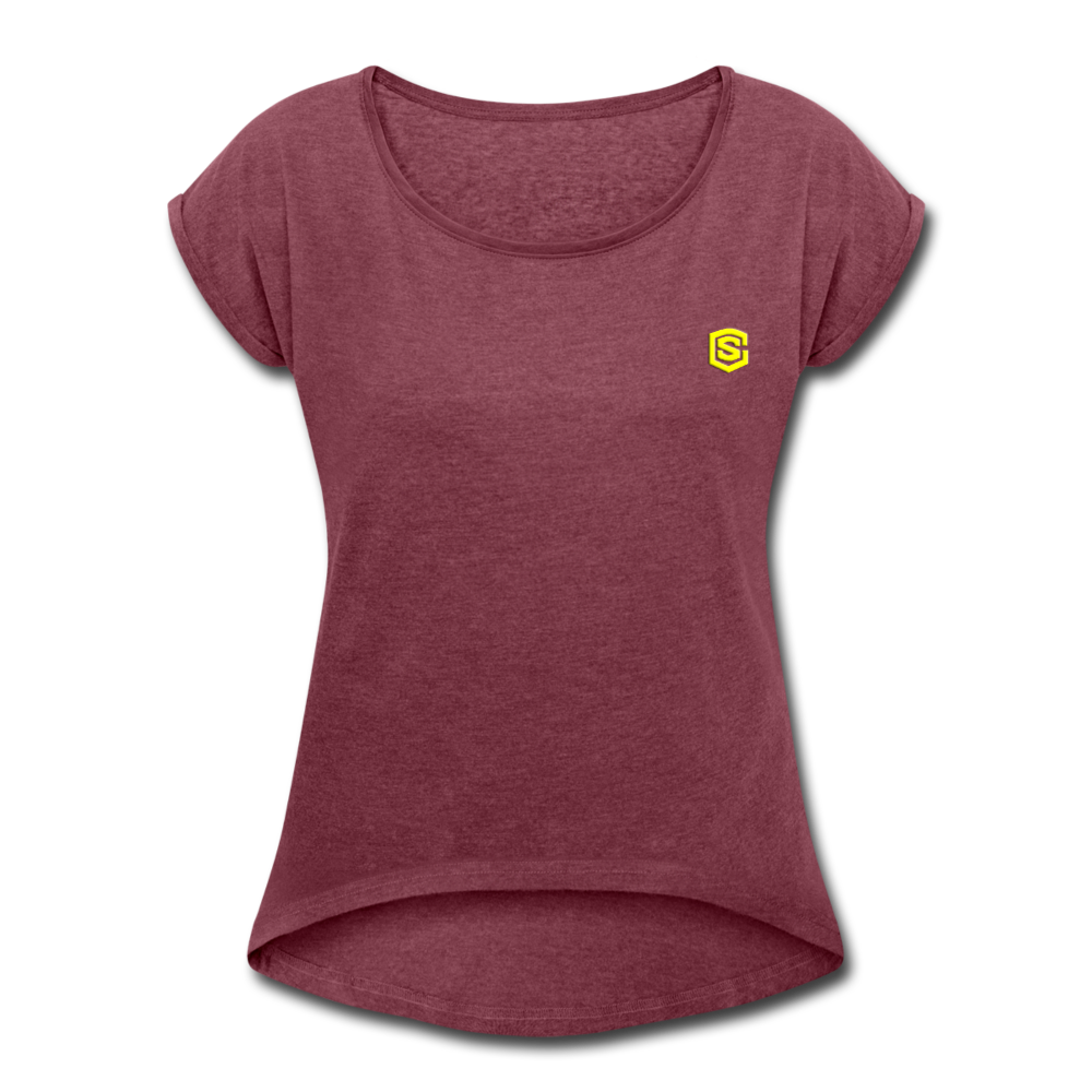 Women's Roll Cuff T-Shirt  WITH YELLOW  LOGO - heather burgundy