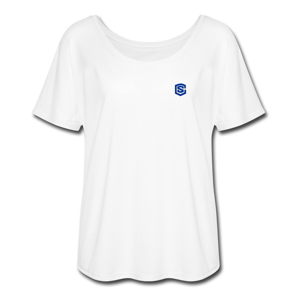 Women’s Flowy T-Shirt   WITH BLUE LOGO - white