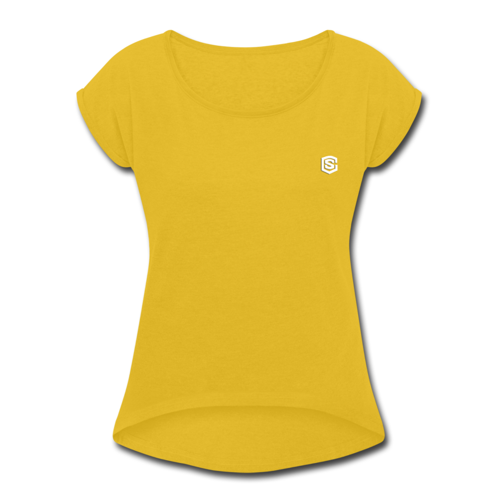 Women's Roll Cuff T-Shirt   WITH WHITE  LOGO - mustard yellow