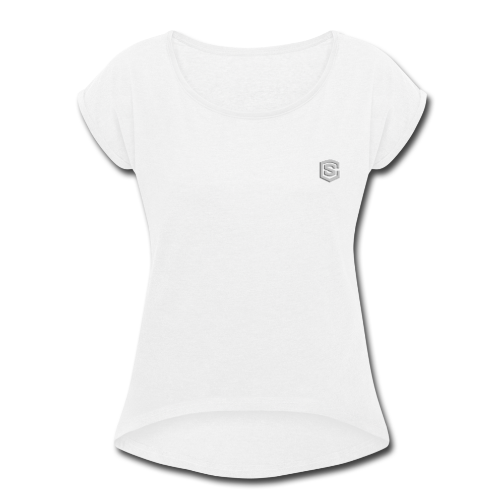 Women's Roll Cuff T-Shirt  WITH SILIVER  LOGO - white